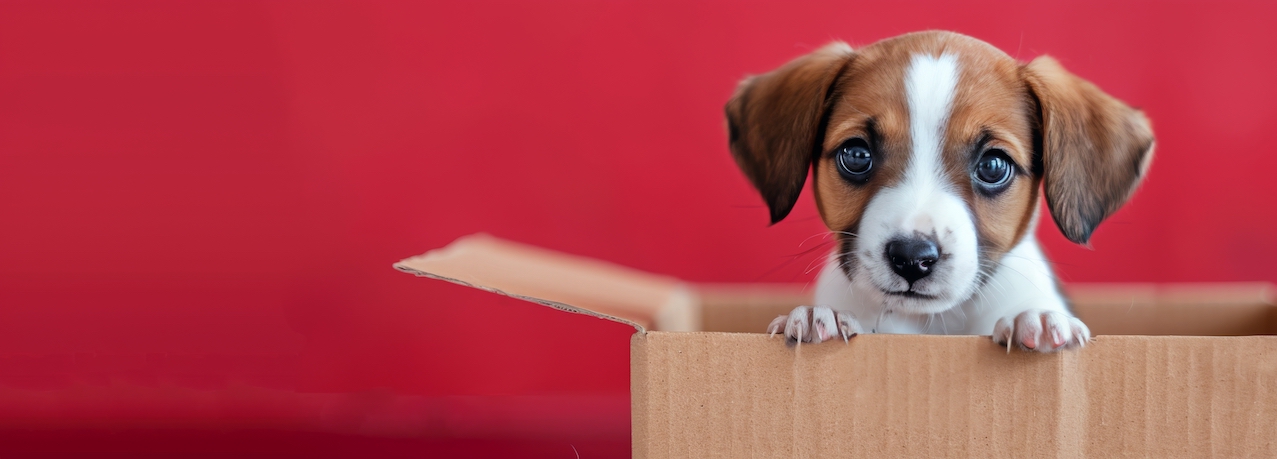 vecteezy cute puppy inside cardboard box against red background 48832412